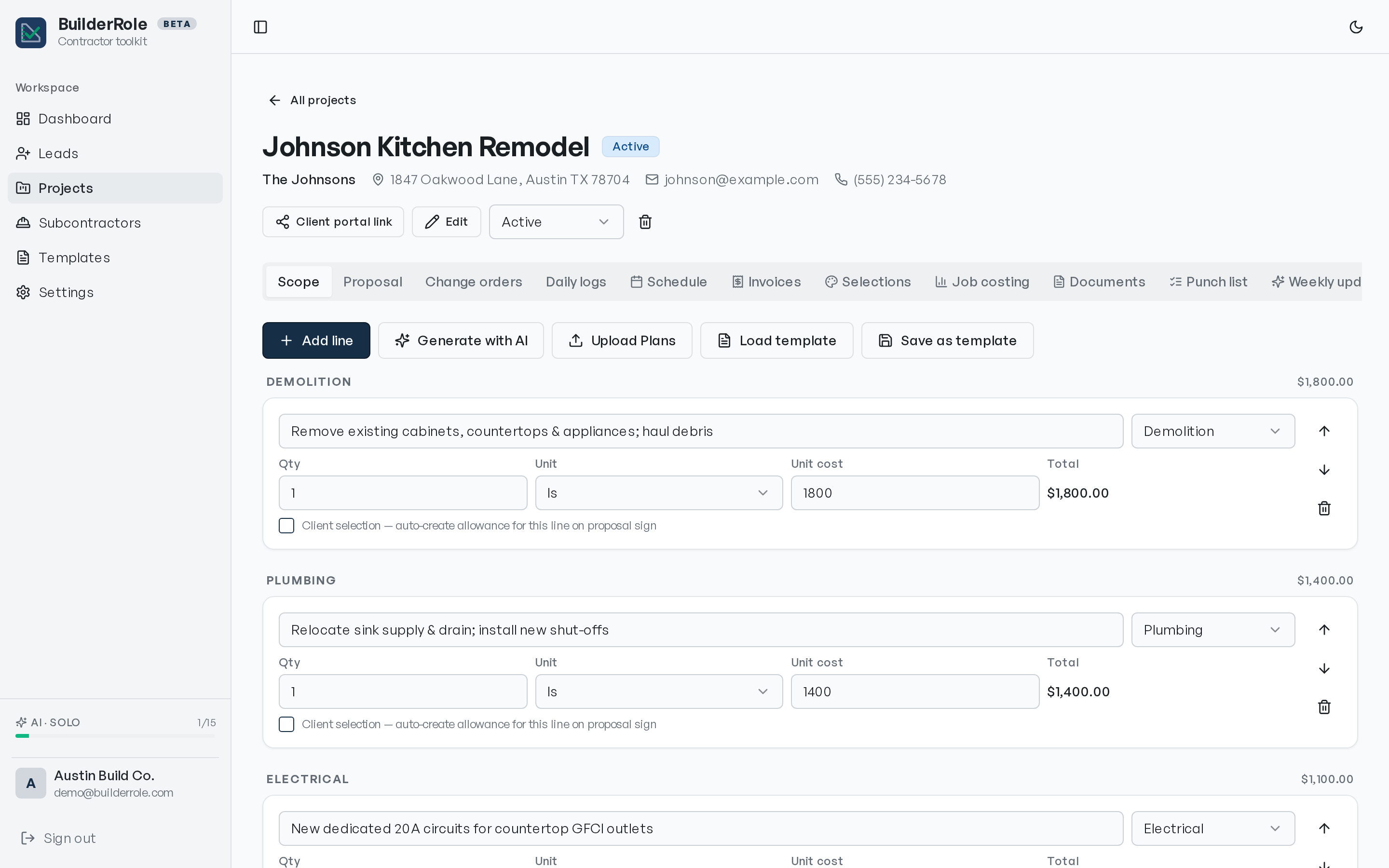 LawnRole job view — scope of work with itemized line costs, schedule, selections, and touch-ups tabs.